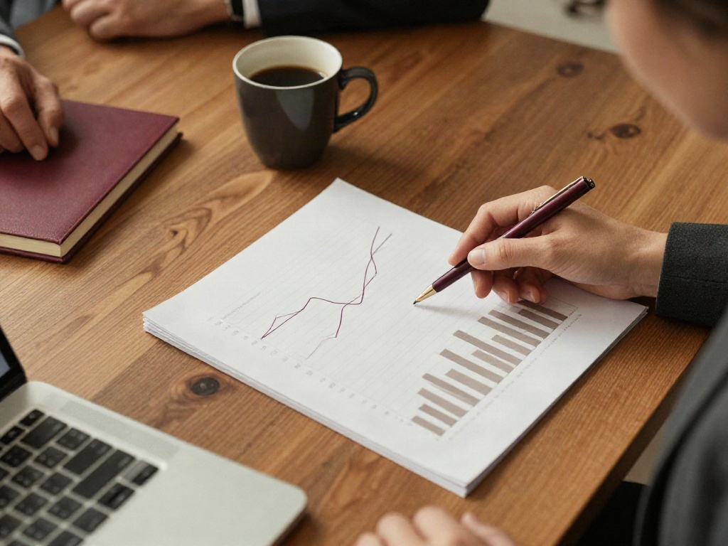 A consultant examining printed performance charts at a walnut meeting table
