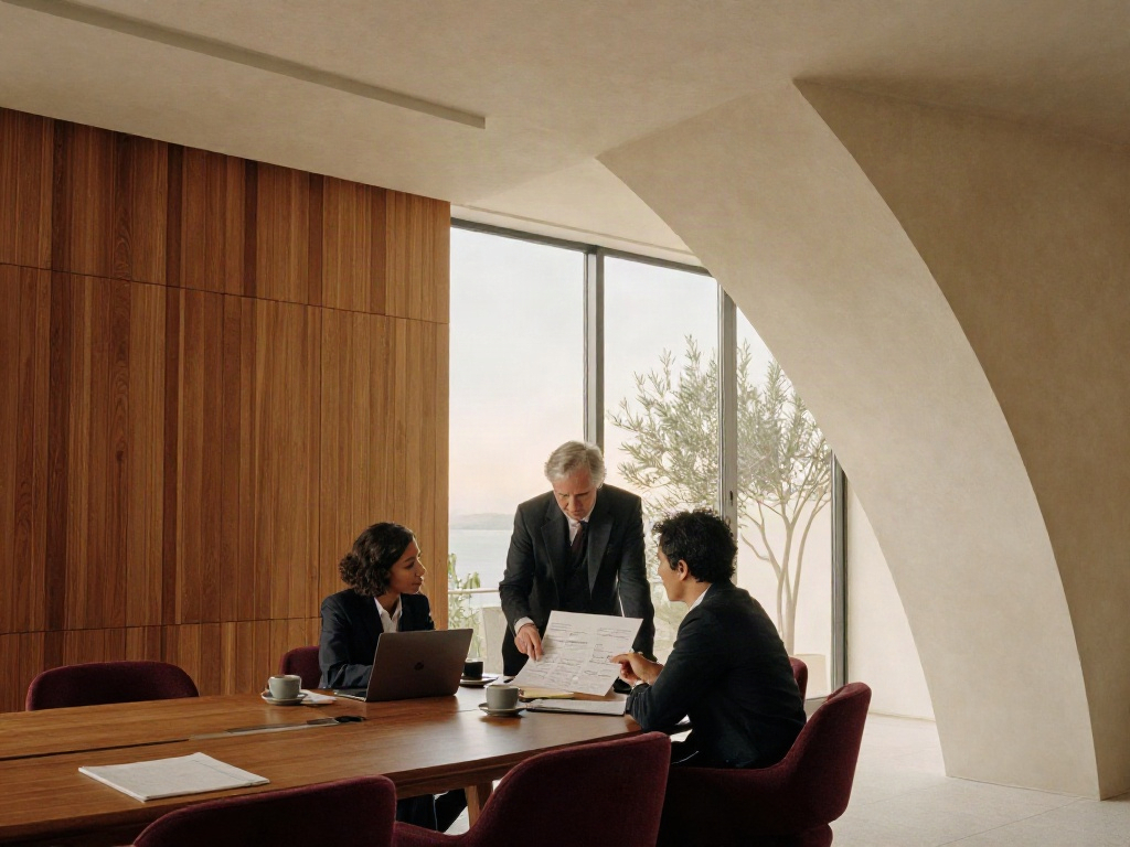 Business strategists discussing an analytical report in a sunlit contemporary boardroom